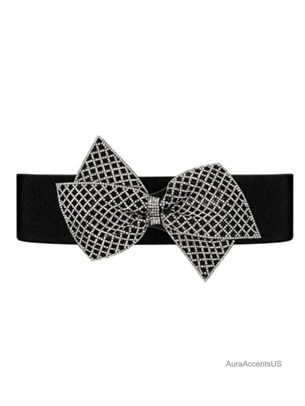 Wide Stretch Elastic Belt with Oversized Rhinestone Bow, Snap Closure